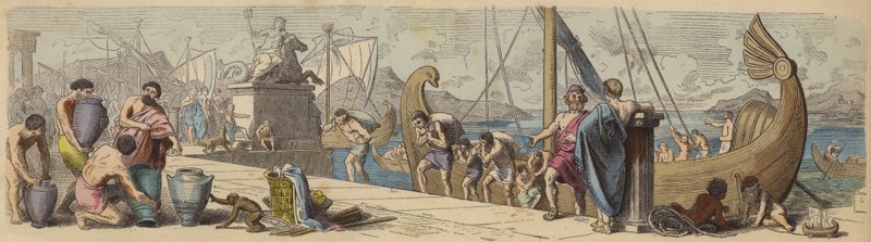 Maritieme handel in het oude Griekenland (gekleurde gravure) door German School