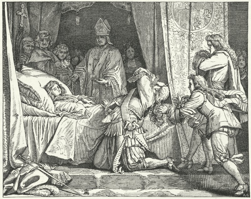 Maximiliaan II Emanuel, keurvorst van Beieren, aan het sterfbed van zijn zoon Joseph Ferdinand door German School
