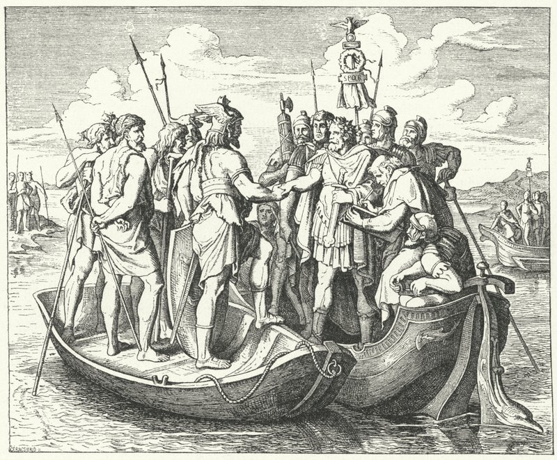 Ontmoeting van de Romeinse keizer Valens en de Visigotische koning Athanaric aan de Donau, 369 door German School