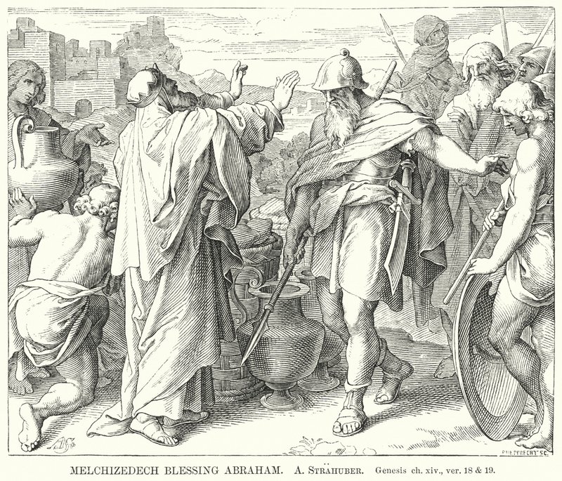 Melchizedek zegent Abraham, Genesis, hfst. xiv, vers 18 en 19 (gravure) door German School