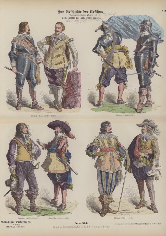 Mannenkostuums van de eerste helft van de 17e eeuw (gekleurde gravure) door German School