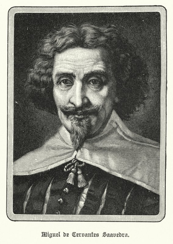Miguel de Cervantes Saavedra, Spaanse romanschrijver (litho) door German School