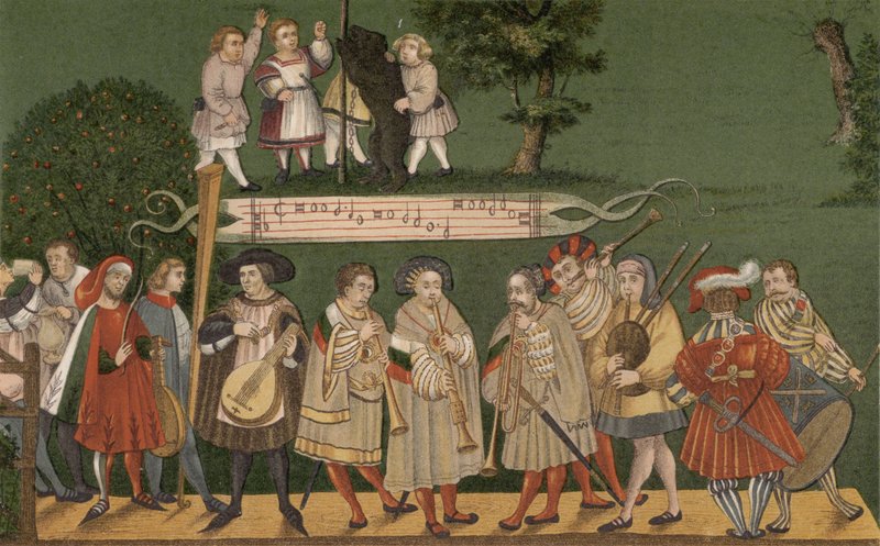 Muzikanten uit Augsburg, Duitsland, spelen voor dansers van de Geschlechtertanz, 1520 door German School