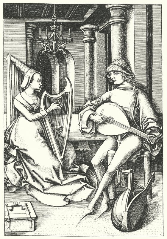 Muzikanten die luit en harp spelen in een landhuis in de 15e eeuw (gravure) door German School