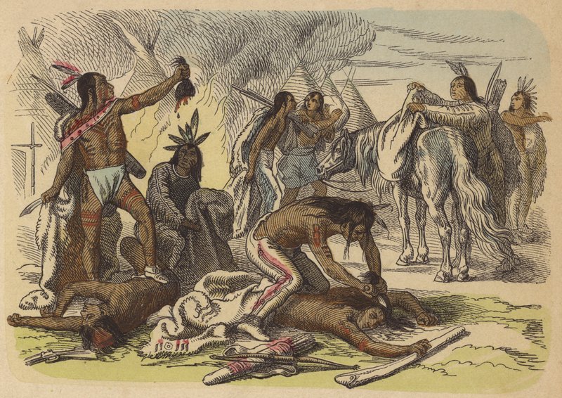 Inheemse Amerikaanse dapperen nemen de scalpen van hun vijanden (gekleurde gravure) door German School
