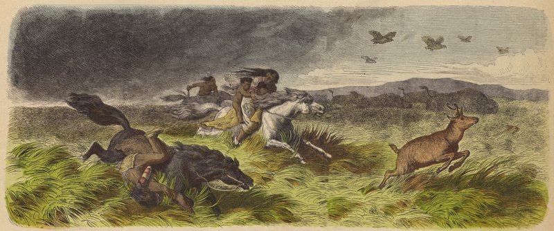 Inheemse Amerikanen en dieren vluchten voor een prairiebrand (gekleurde gravure) door German School