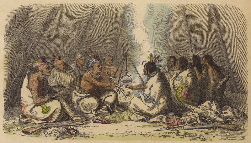 Inheemse Amerikanen van de Fox- en Ravenstammen roken de vredespijp (gekleurde gravure) door German School