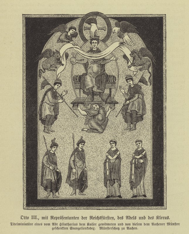 Otto III, Heilige Roomse keizer, met vertegenwoordigers van de prinsen, de adel en de geestelijkheid (gravure) door German School