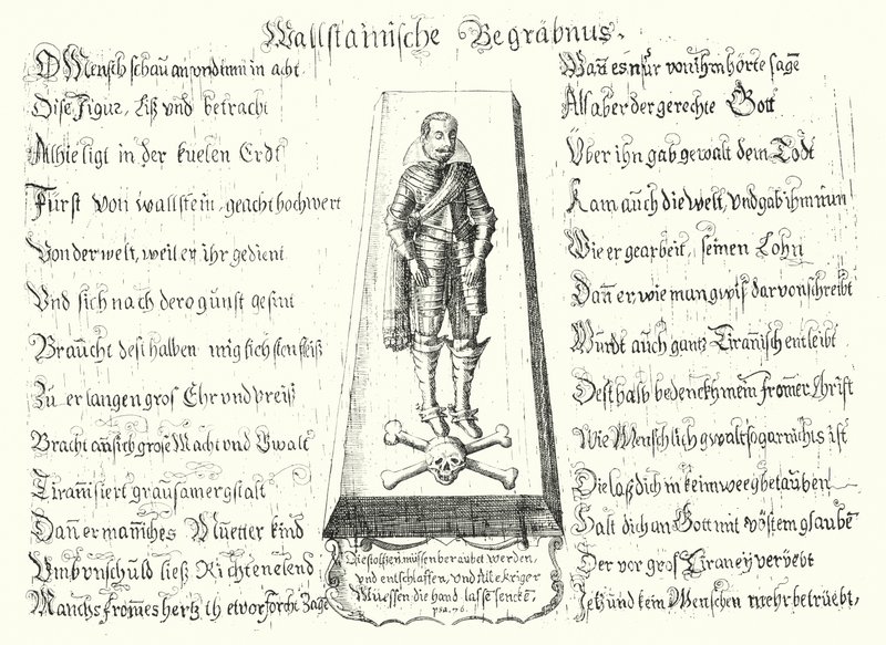 Pamflet uitgegeven ter nagedachtenis aan de vermoorde Boheemse militaire leider Albrecht von Wallenstein door German School