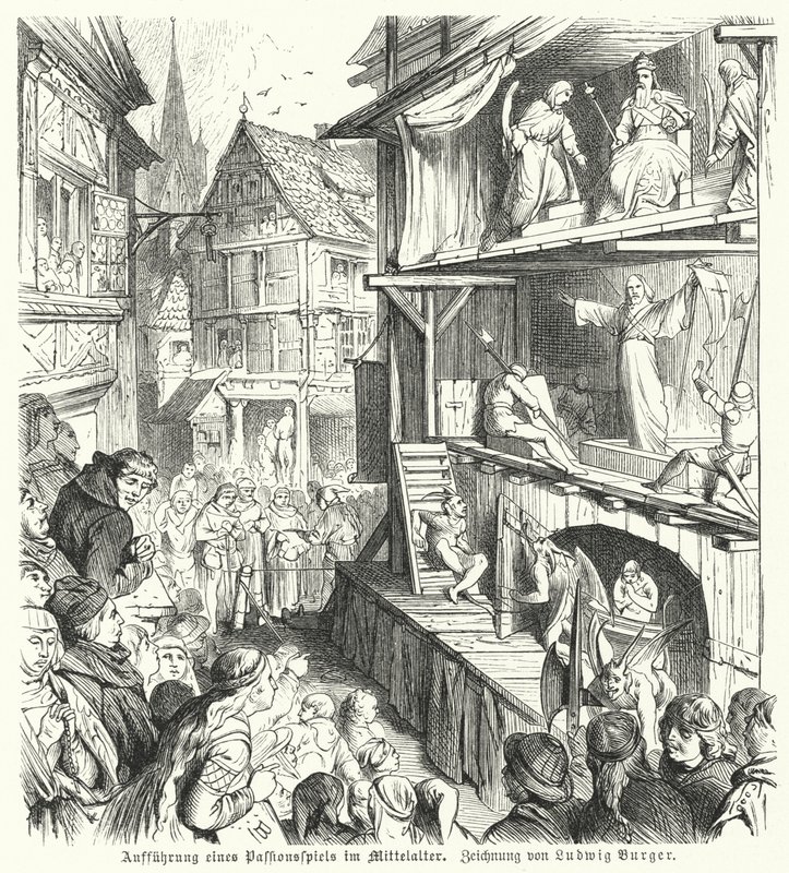 Opvoering van een Passiespel in de Middeleeuwen (gravure) door German School