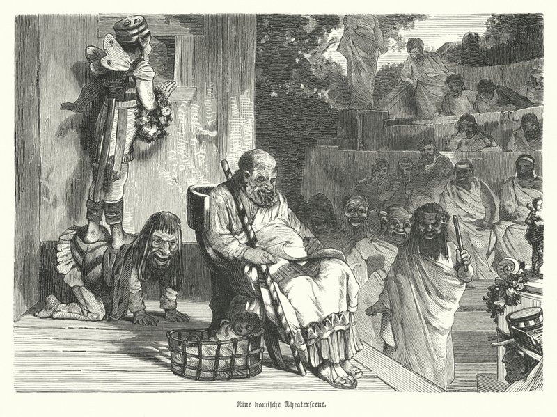 Opvoering van een komedie in een theater in Oud-Griekenland (gravure) door German School