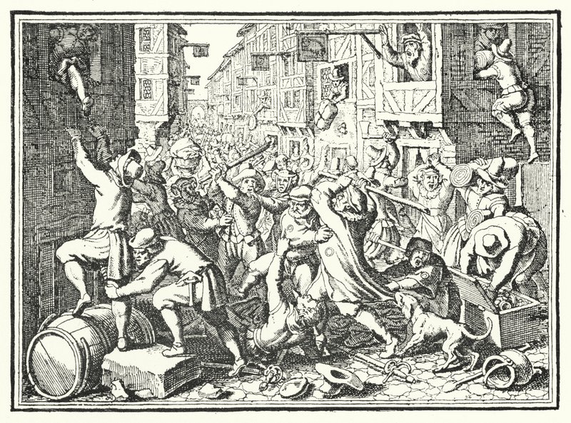 Plundering van de Judengasse, het Joodse getto van Frankfurt, tijdens de Fettmilch-opstand, 1614 door German School