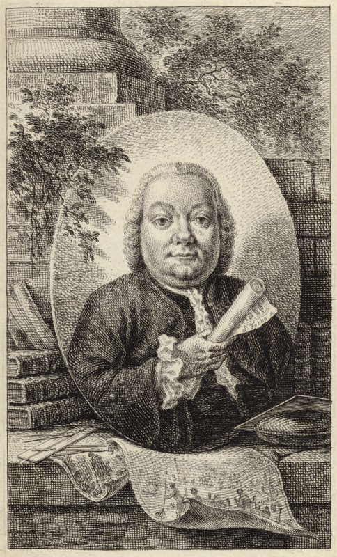 Portret van een corpulente man in 18e-eeuwse kleding door German School