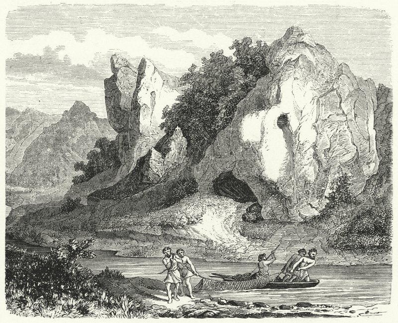 Prehistorische mannen vissen met netten (gravure) door German School