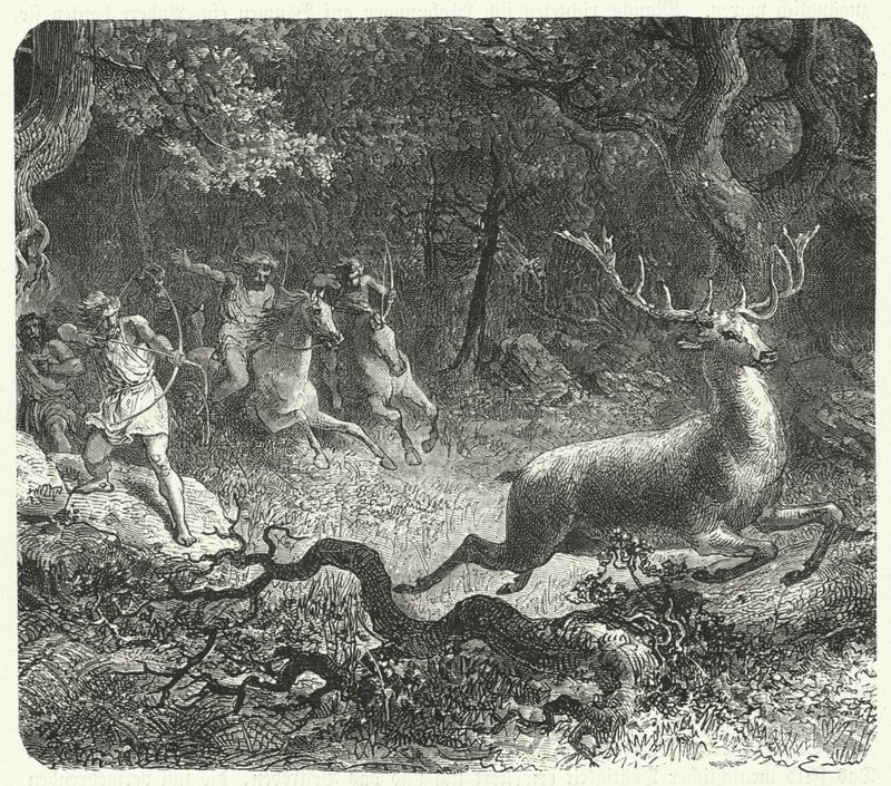 Prehistorische mensen die paarden gebruiken om te jagen (gravure) door German School
