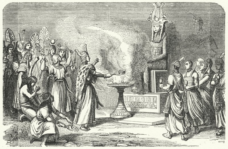 Priesters die een offer brengen in het oude Egypte (gravure) door German School