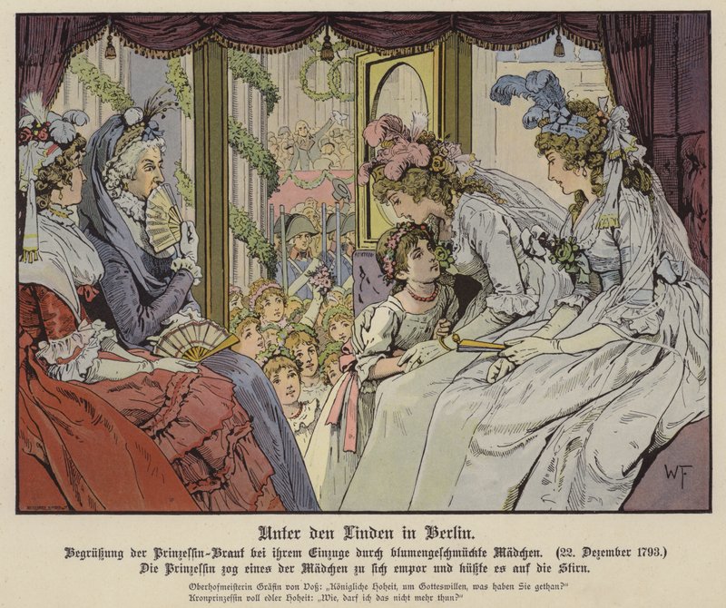 Prinses Louise van Mecklenburg-Strelitz kust een van de meisjes die Unter Den Linden opstellen om haar aankomst in Berlijn te begroeten voor haar huwelijk met Kroonprins Frederik III van Pruisen, 22 december 1793 door German School