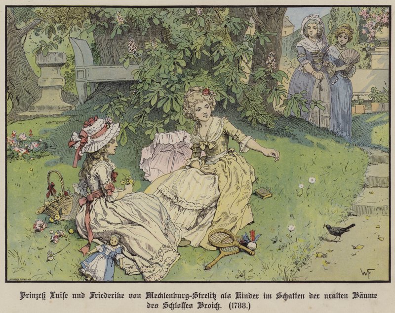 Prinsessen Louise en Frederike van Mecklenburg-Strelitz in de schaduw onder de bomen van Kasteel Broich als kinderen door German School