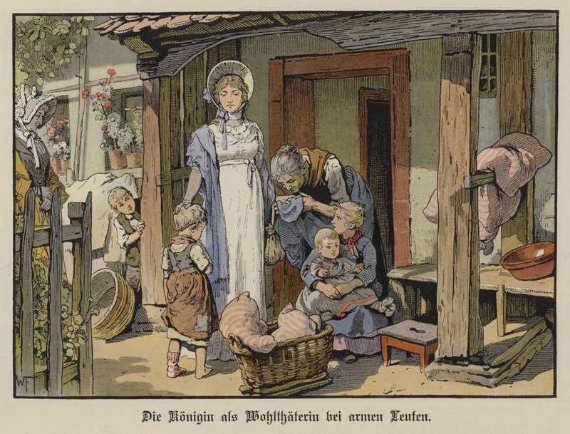 Koningin Louise van Pruisen, weldoenster voor de armen (kleur litho) door German School