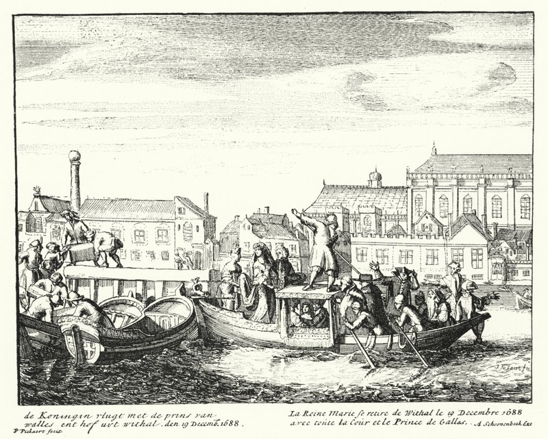 Koningin Maria, gemalin van Koning Jacobus II, vlucht Engeland met de Prins van Wales en haar hele hof, december 1688 door German School