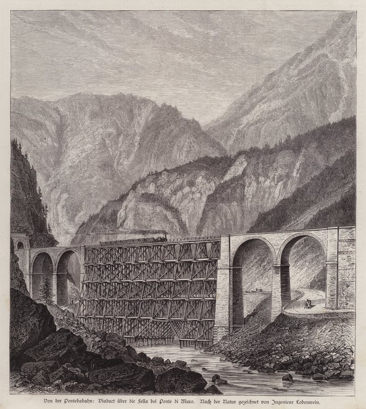 Spoorwegviaduct over de rivier de Fella bij Ponte di Muro, Friuli, Italië door German School