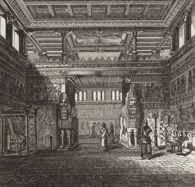 Reconstructie van de hal van een Assyrische koning. Illustratie voor Bilder-Atlas door German School