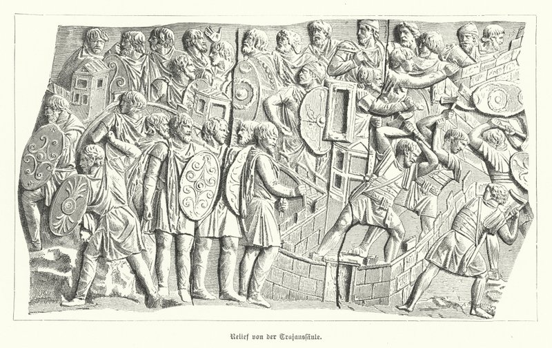 Reliëf van de Zuil van Trajanus, Rome, waarop de Romeinen de Daciërs verslaan (gravure) door German School