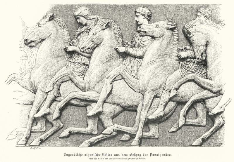 Reliëf van het Parthenon fries met Atheense jongeren te paard door German School