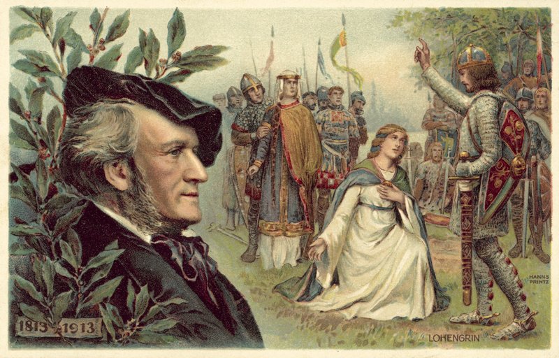 Richard Wagner en een scène uit zijn opera Lohengrin door German School
