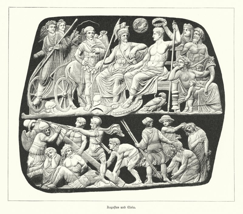 Romeinse keizer Augustus en zijn derde vrouw, Livia (gravure) door German School