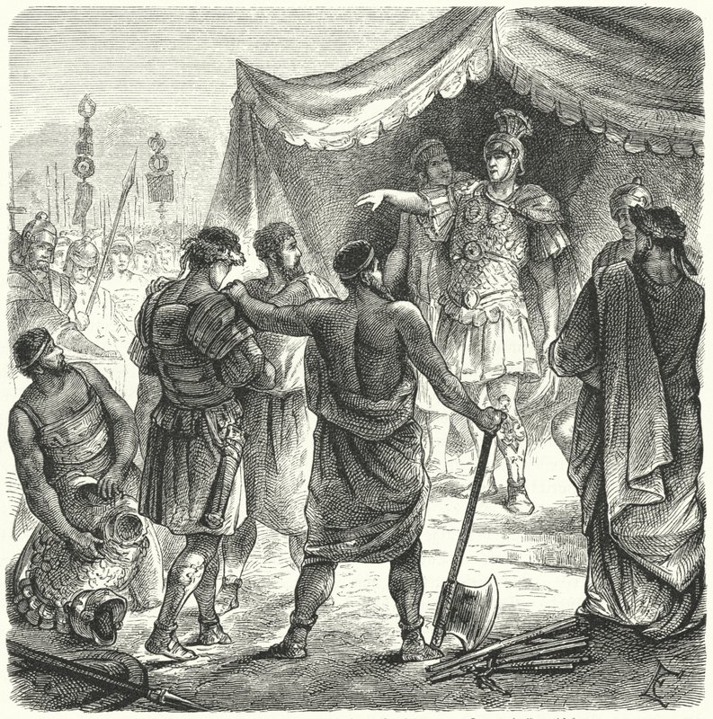 Romeinse consul Titus Manlius Torquatus veroordeelt zijn zoon ter dood voor het verlaten van zijn post in de strijd (gravure) door German School