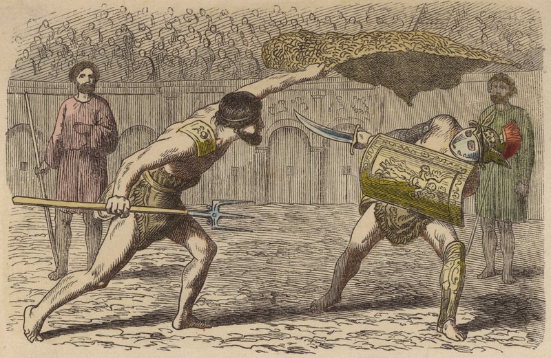 Romeinse gladiatoren: een retiarius vecht tegen een Samniet door German School