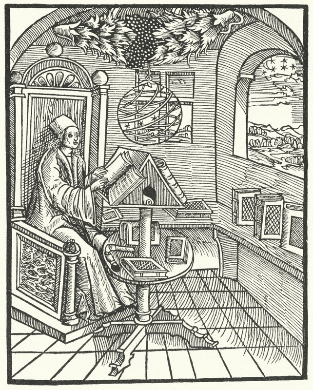 Kamerinterieur met een geleerde aan het werk, ca. 1500 door German School