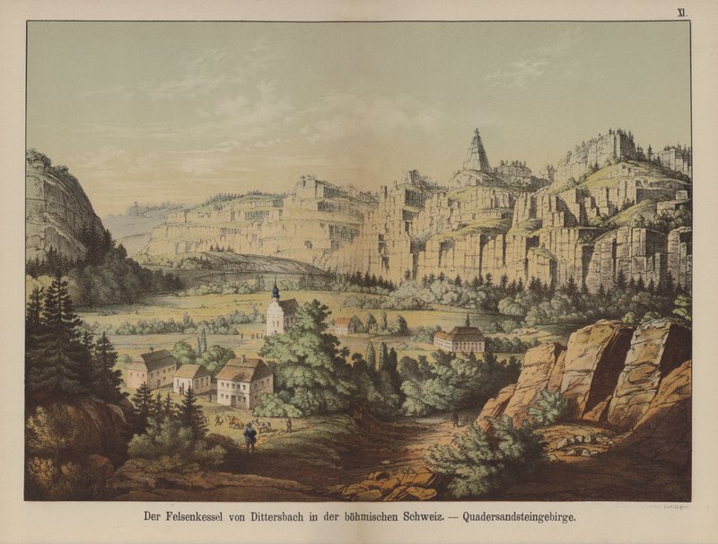 Zandsteenbergen van de "Boheemse Zwitserland", Jetrichovice (Dittersbach), Tsjechië (kleur litho) door German School