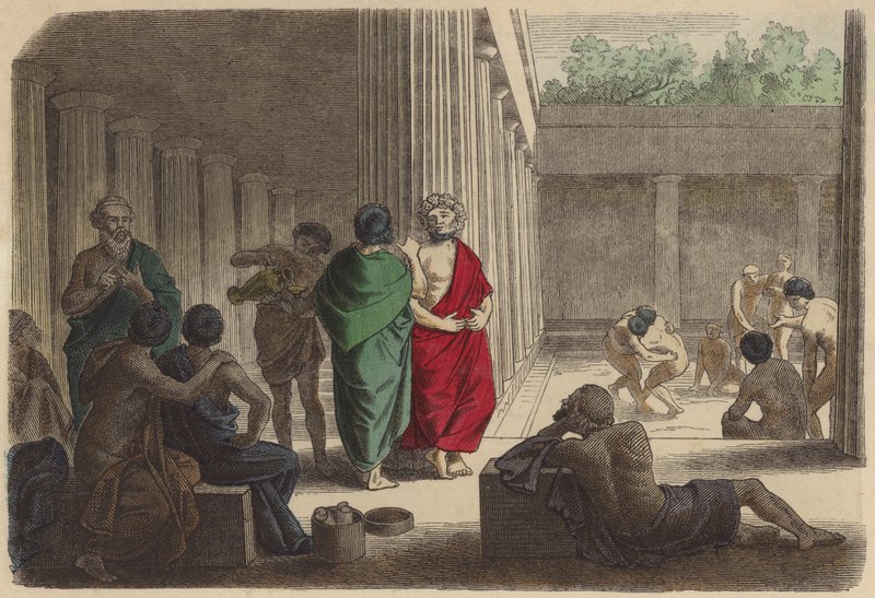 Scène in een gymnasium in het oude Griekenland (gekleurde gravure) door German School