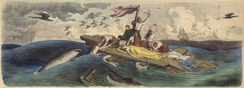 Schipbreukelingen drijven op een vlot in de Zuidzee (gekleurde gravure) door German School