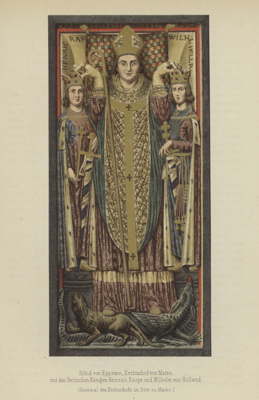 Siegfried von Eppstein, Aartsbisschop van Mainz van 1230 tot 1249, met de Duitse Koningen Hendrik Raspe, Landgraaf van Thüringen, en Willem II van Holland, Graaf van Holland en Zeeland door German School