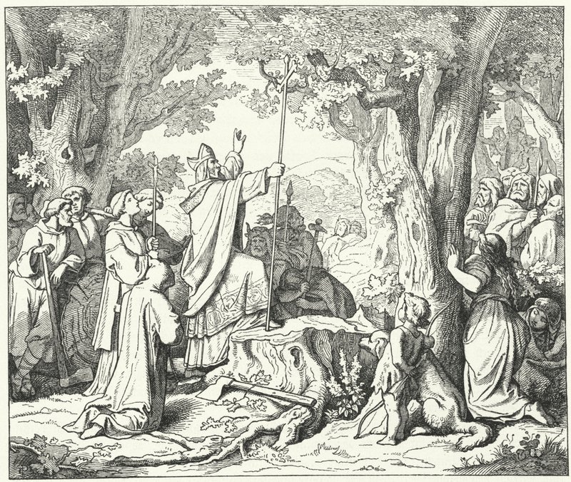 St. Bonifatius velt de eik van Donar, heilig voor de heidense Germanen (gravure) door German School