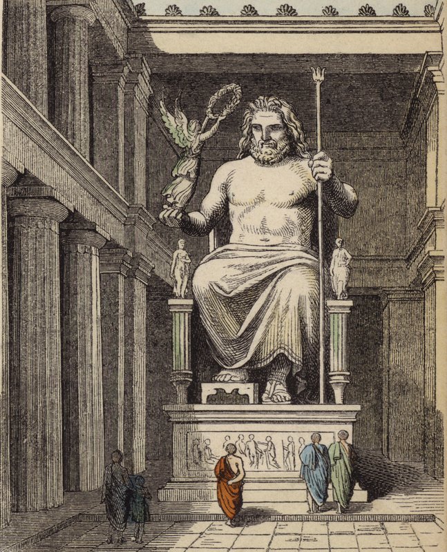 Standbeeld van Zeus in de oude Griekse tempel in Olympia (gekleurde gravure) door German School
