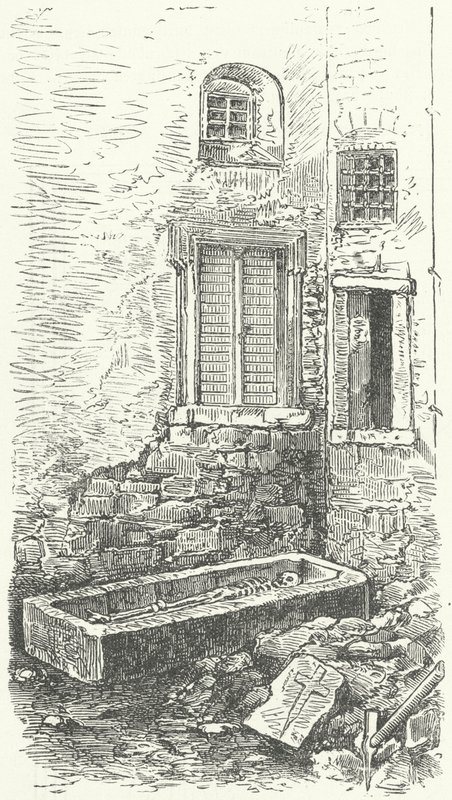Stenen kist met een skelet, vermoedelijk van de Middelhoogduitse lyrische dichter Walther von der Vogelweide, Würzburg (gravure) door German School