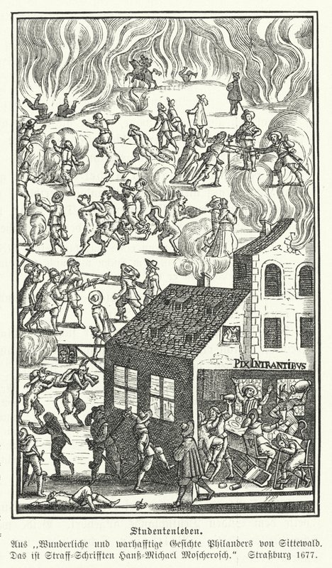 Studentenleven: scène uit Gesichte Philanders von Sittewald, door Johann Michael Moscherosch (gravure) door German School