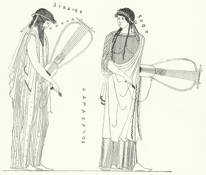 De oude Griekse dichter Alcaeus en zijn geliefde Sappho (gravure) door German School