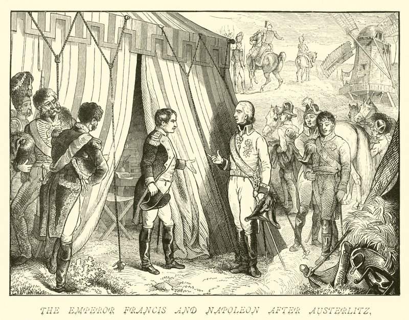 Keizer Frans en Napoleon na Austerlitz door German School