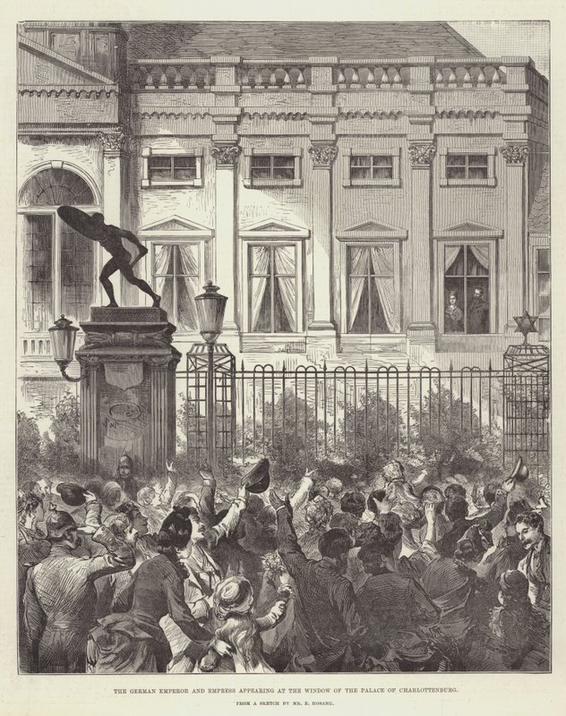De Duitse keizer en keizerin verschijnen aan het raam van het paleis van Charlottenburg door German School
