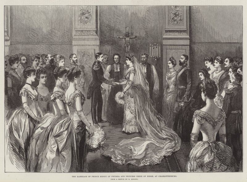 Het huwelijk van prins Hendrik van Pruisen en prinses Irene van Hessen, in Charlottenburg (gravure) door German School