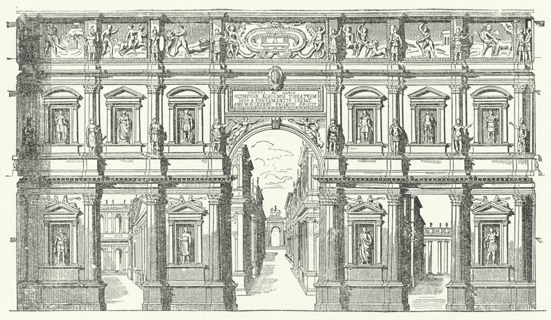Het Teatro Olimpico ("Olympisch Theater") in Vicenza, Noord-Italië (gravure) door German School