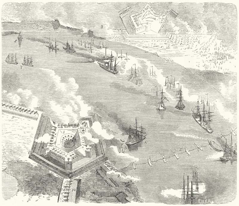 De Unie-vloot die Fort Jackson en Fort St. Philip aanvalt, Louisiana, Amerikaanse Burgeroorlog, 1862 door German School