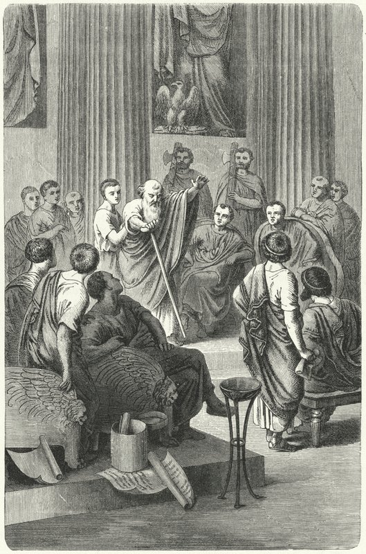 De blinde Appius Claudius Caecus spreekt in de Romeinse Senaat tegen Cineas, de ambassadeur van Pyrrhus van Epirus, 279 v.Chr. (gravure) door German School
