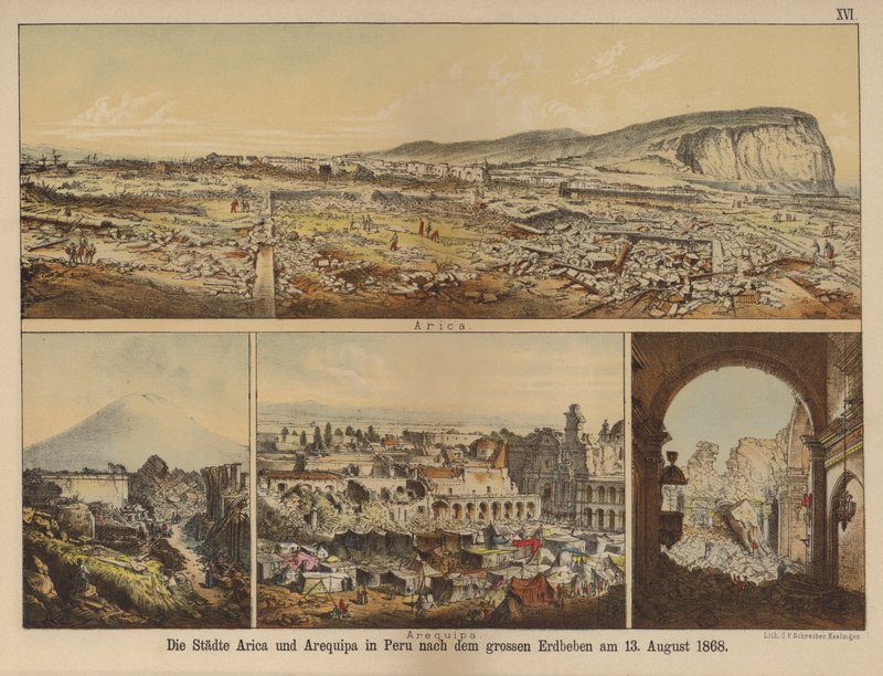 De steden Arica en Arequipa in Peru na de grote aardbeving van 13 augustus 1868 door German School