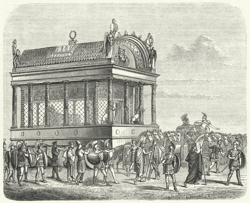 De begrafeniswagen van Alexander de Grote (gravure) door German School